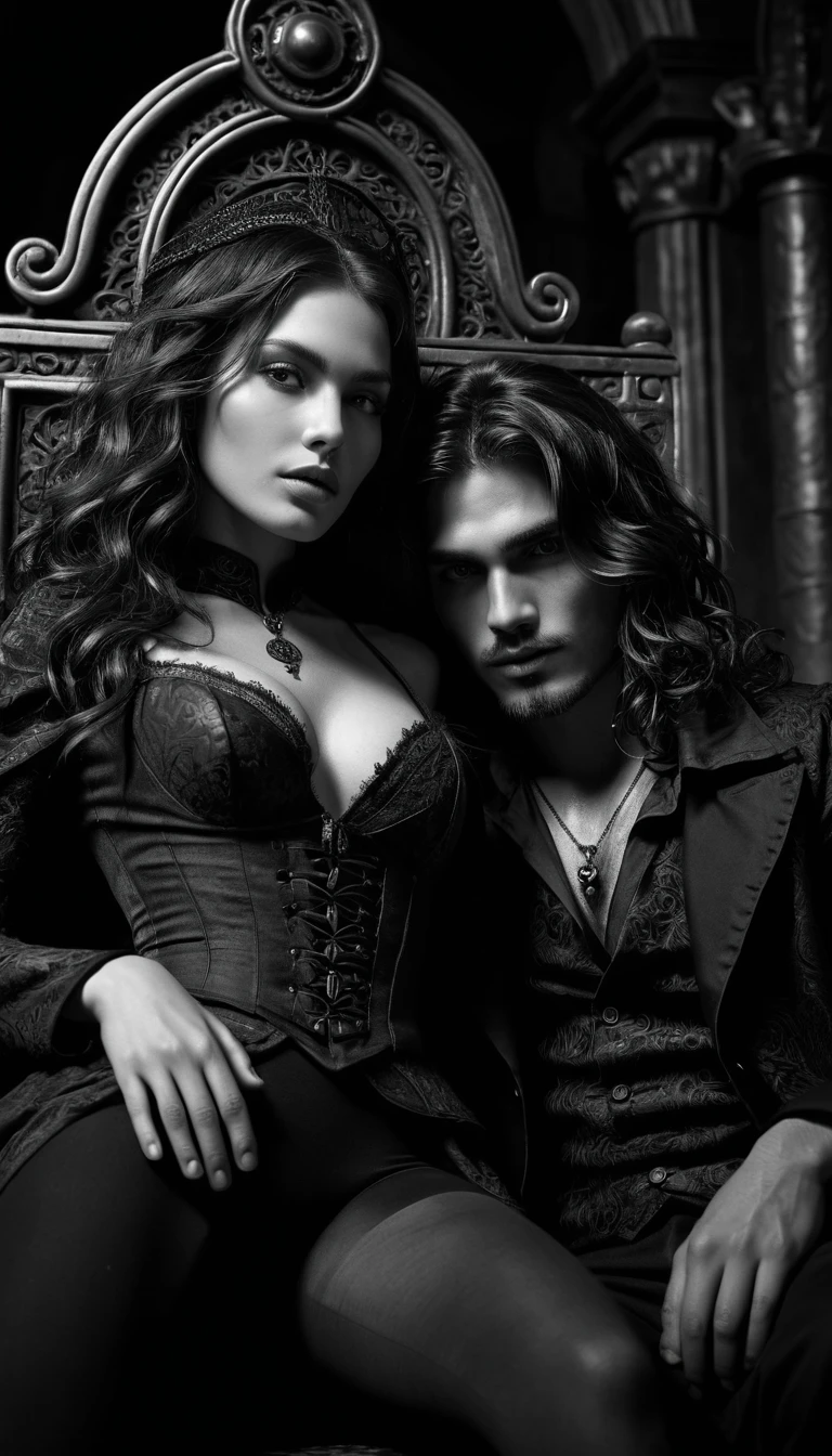 Retrato de romance sombrio em close em uma sala do trono de fantasia