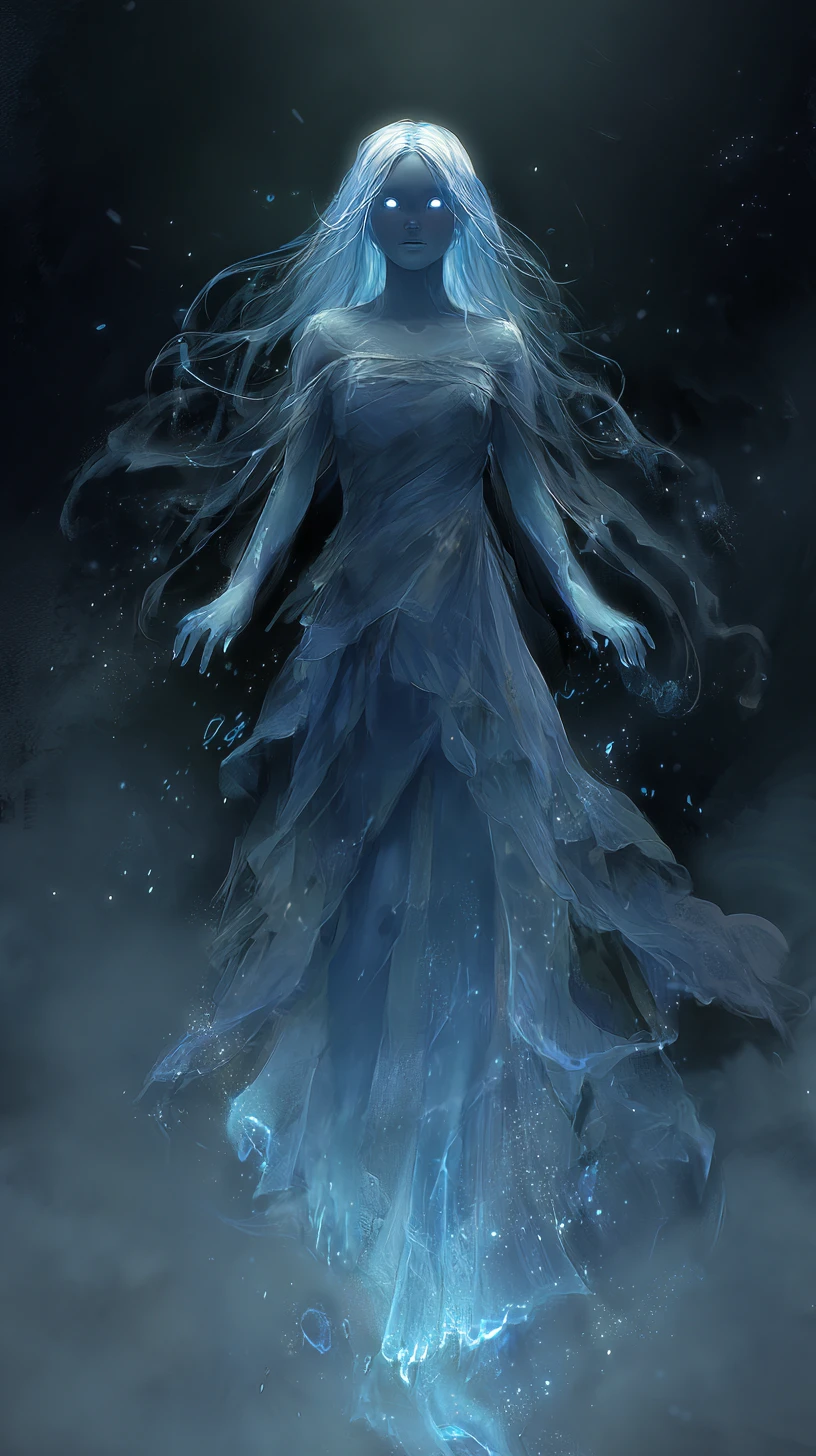 Ethereal ghostly woman glowing in swirling blue mist