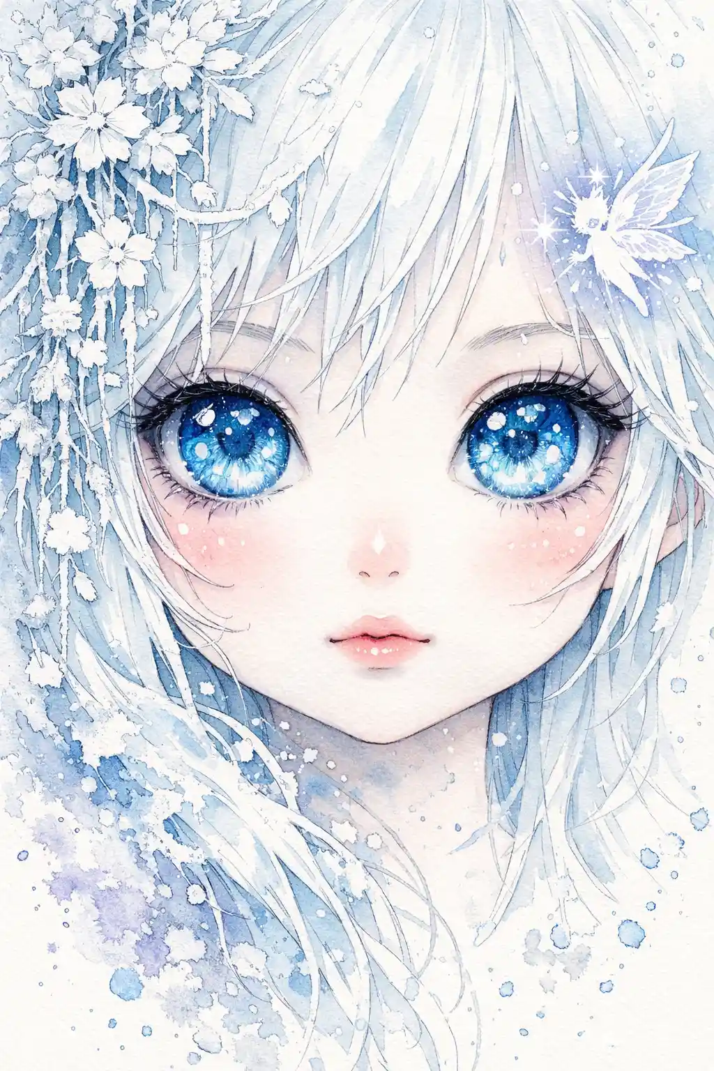 Ethereal winter girl with luminous ice blue eyes