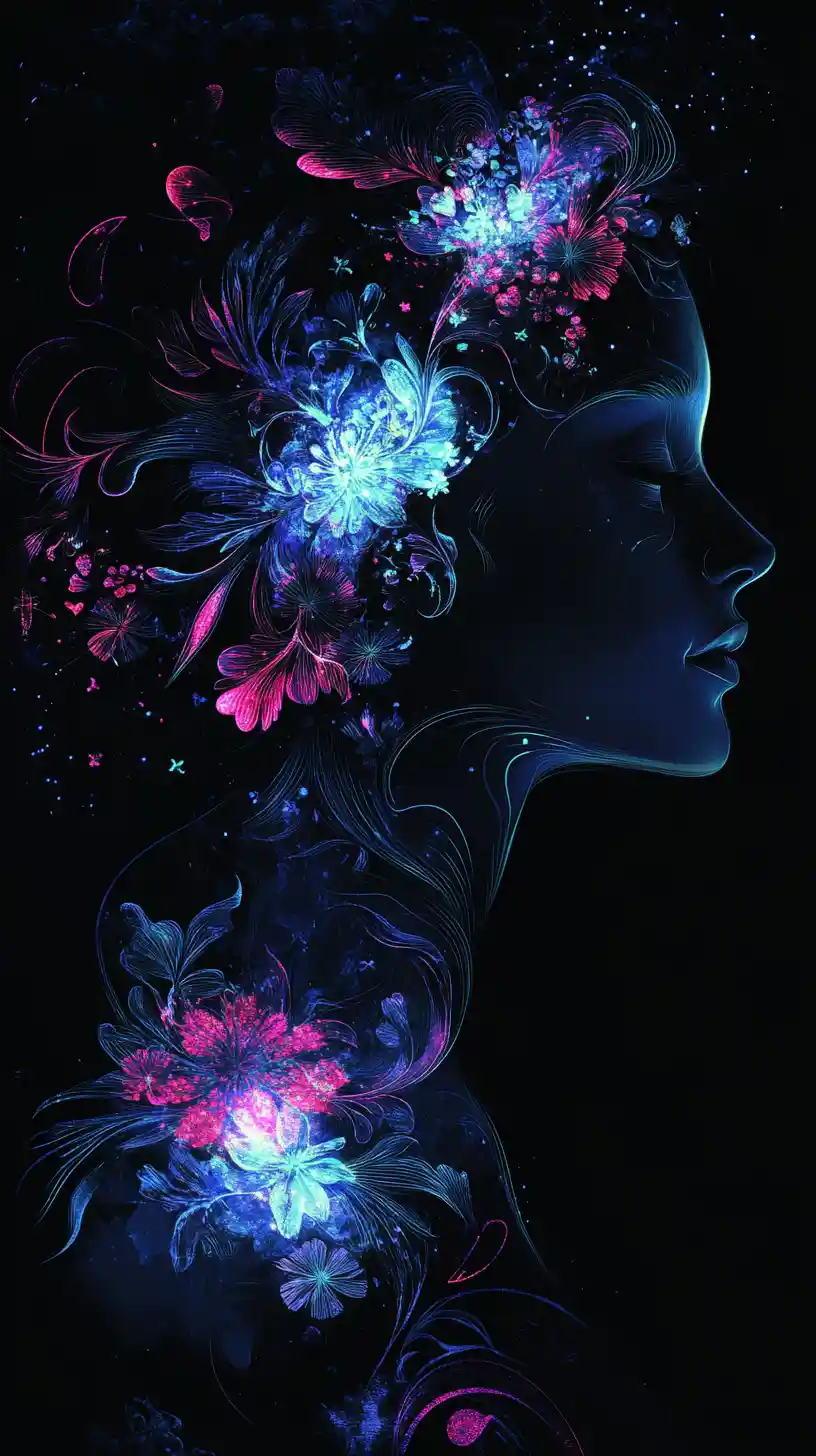 Ethereal bioluminescent woman in a dark mystical void