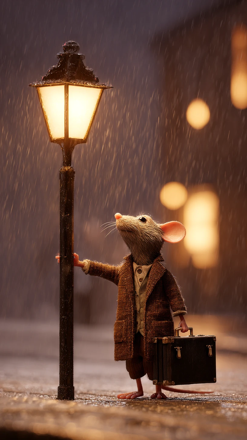 Fofo rato 3D com guarda-chuva sob um poste de luz chuvoso