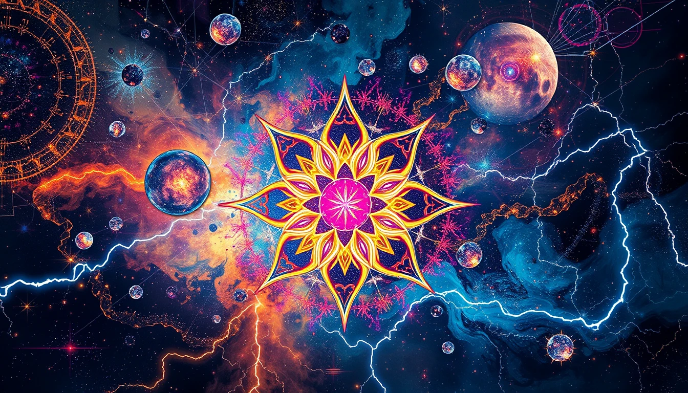 Abstract cosmic galaxy with sacred geometry and neon energy