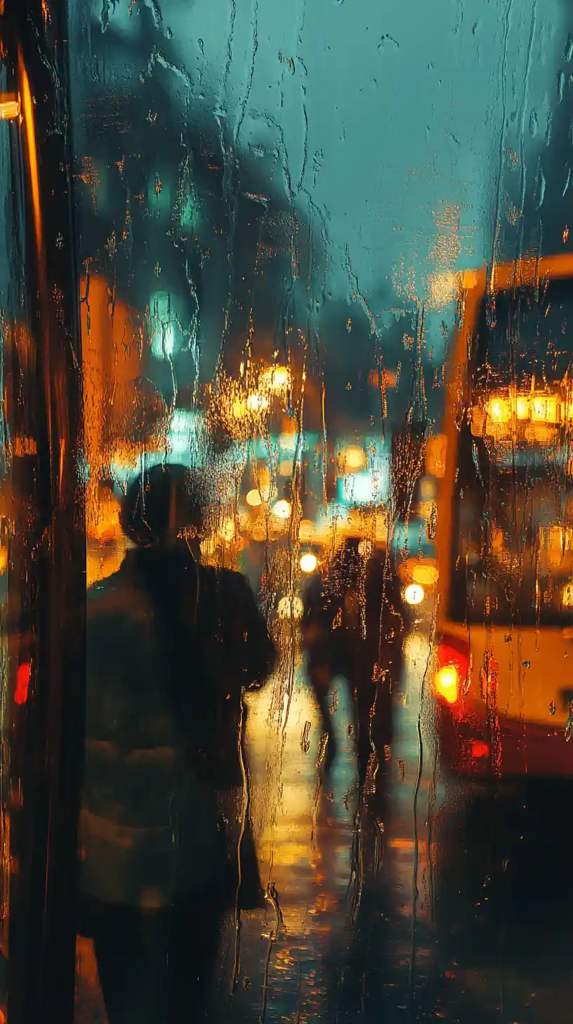 雨痕斑駁車窗與乘客的夜間城市公車