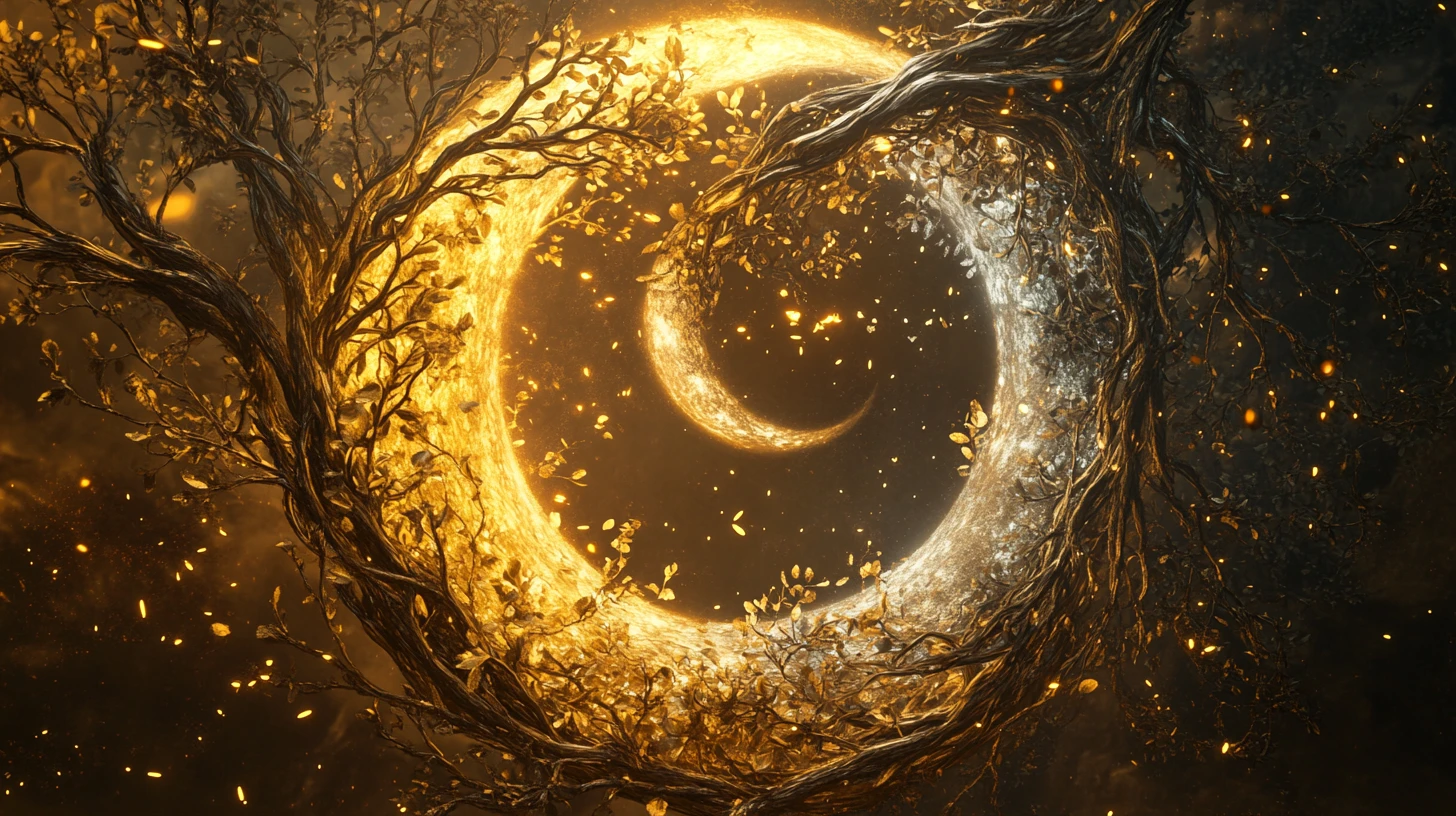 Yin yang sun and moon forests in glowing circular balance