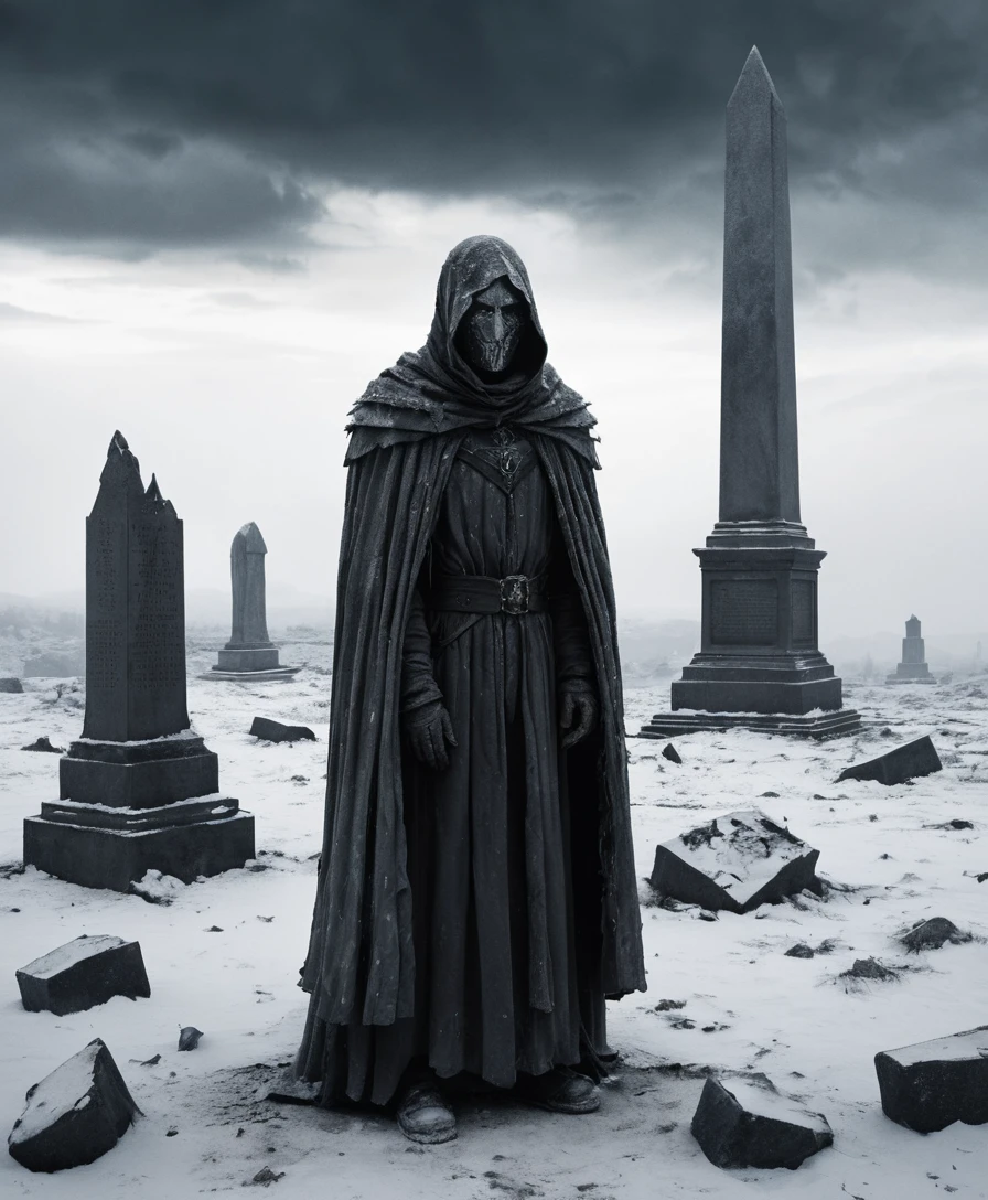 Lonely figure in a desolate winter landscape with falling snow