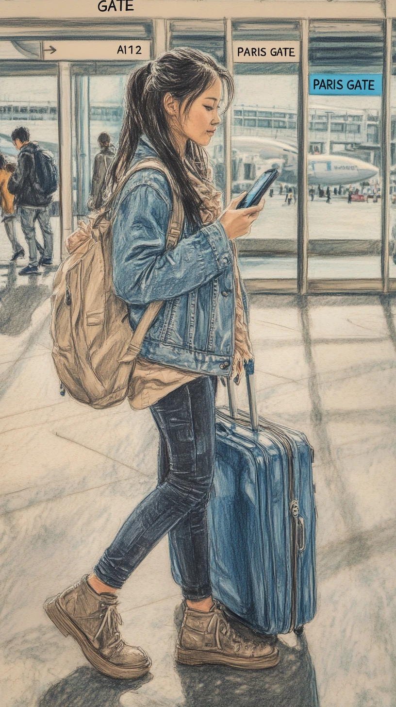Desenho de mulher asiática caminhando por terminal de aeroporto movimentado