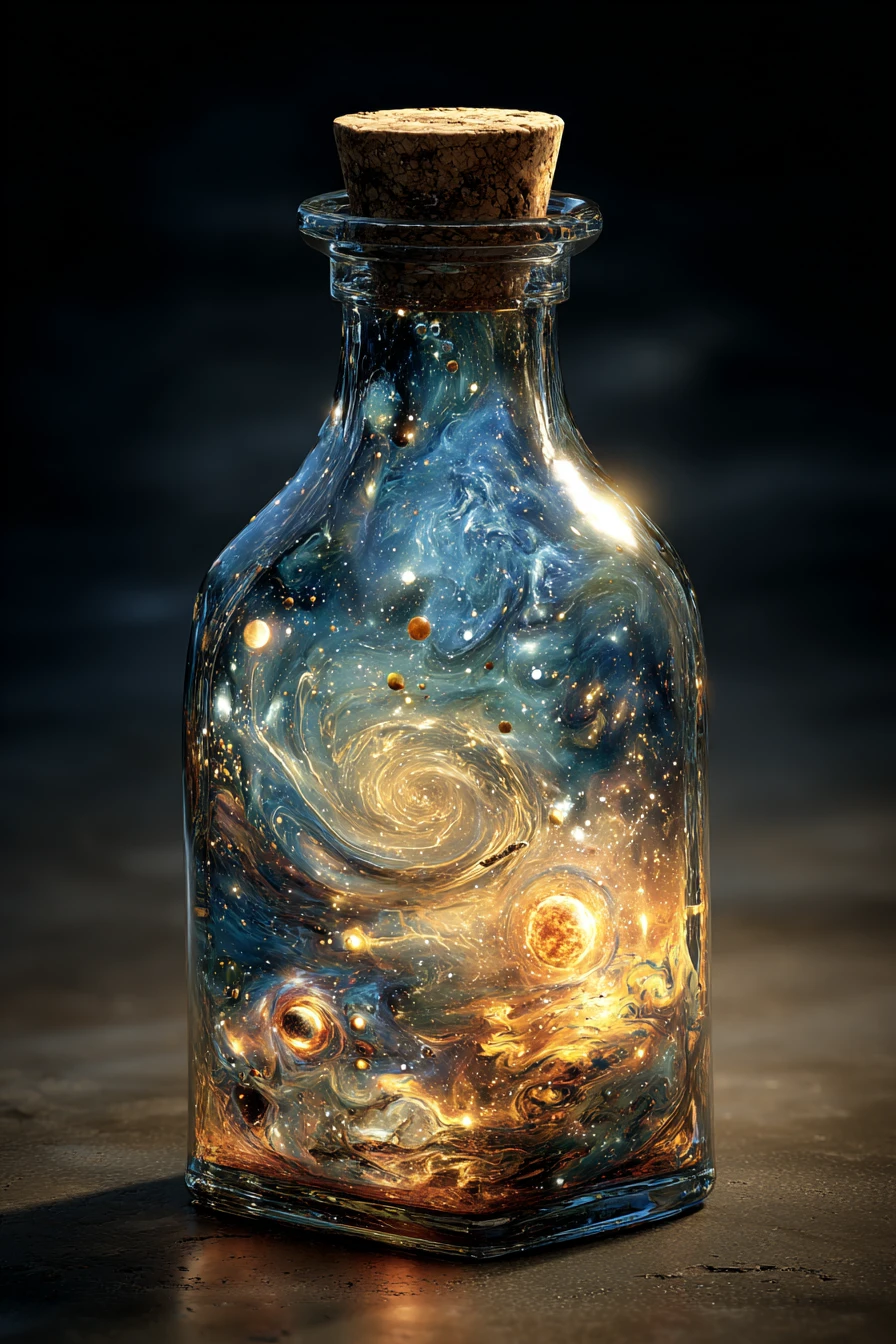Garrafa de vidro com um universo cósmico brilhante dentro