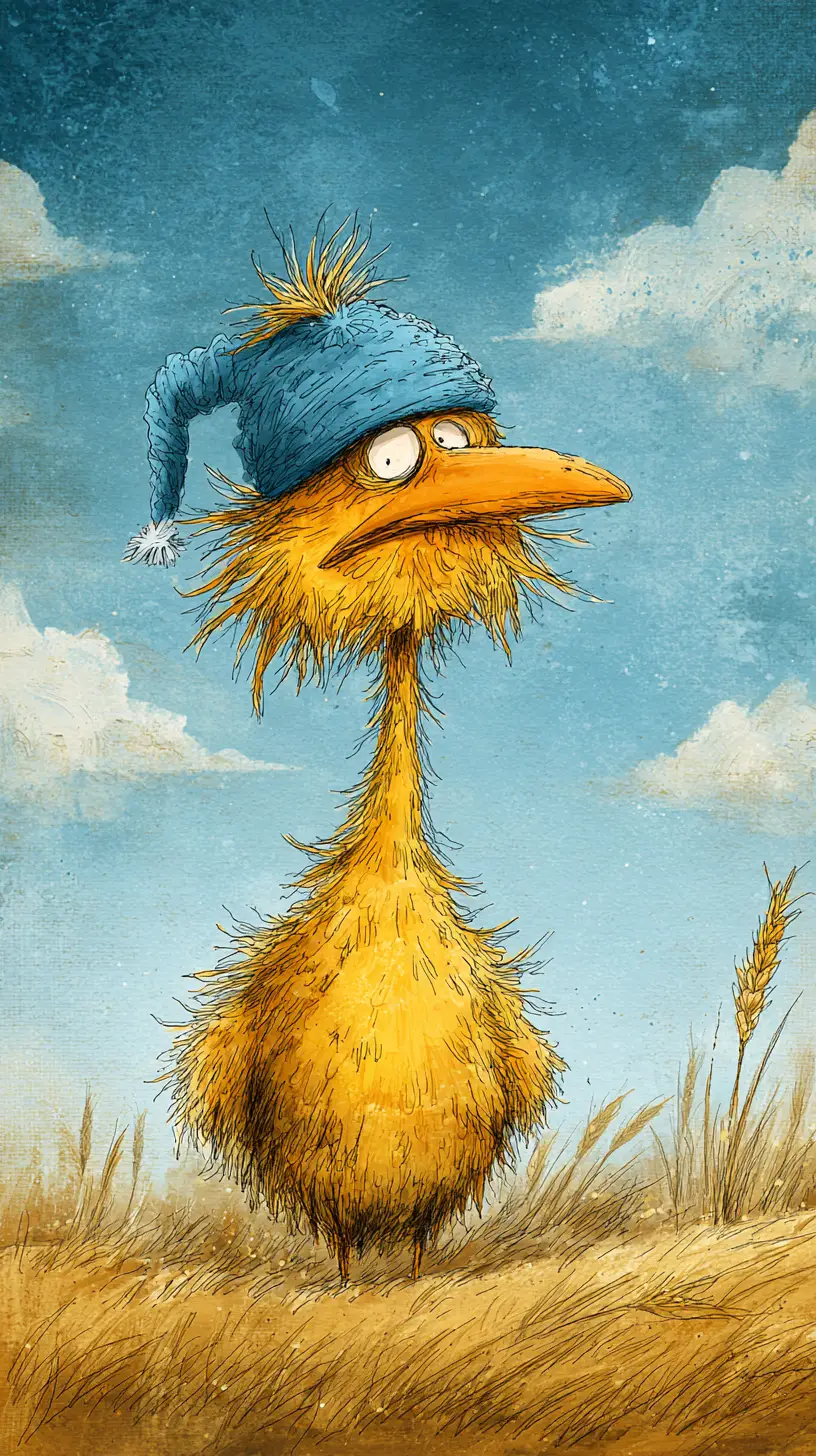 Schläfrige Henne, die in einem Weizenfeld gähnt – Aquarellillustration