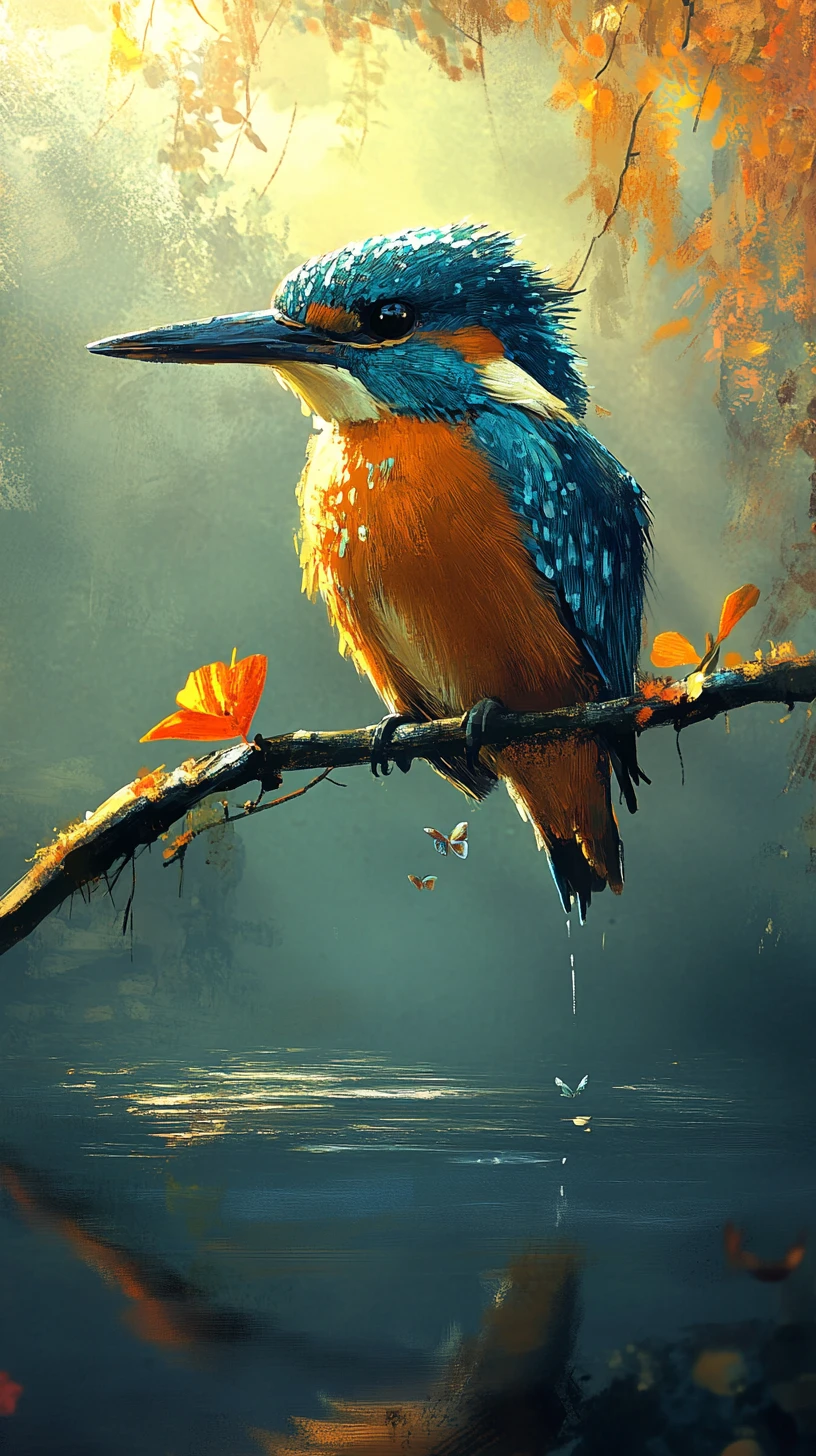 Dynamic kingfisher portrait perched above shimmering water