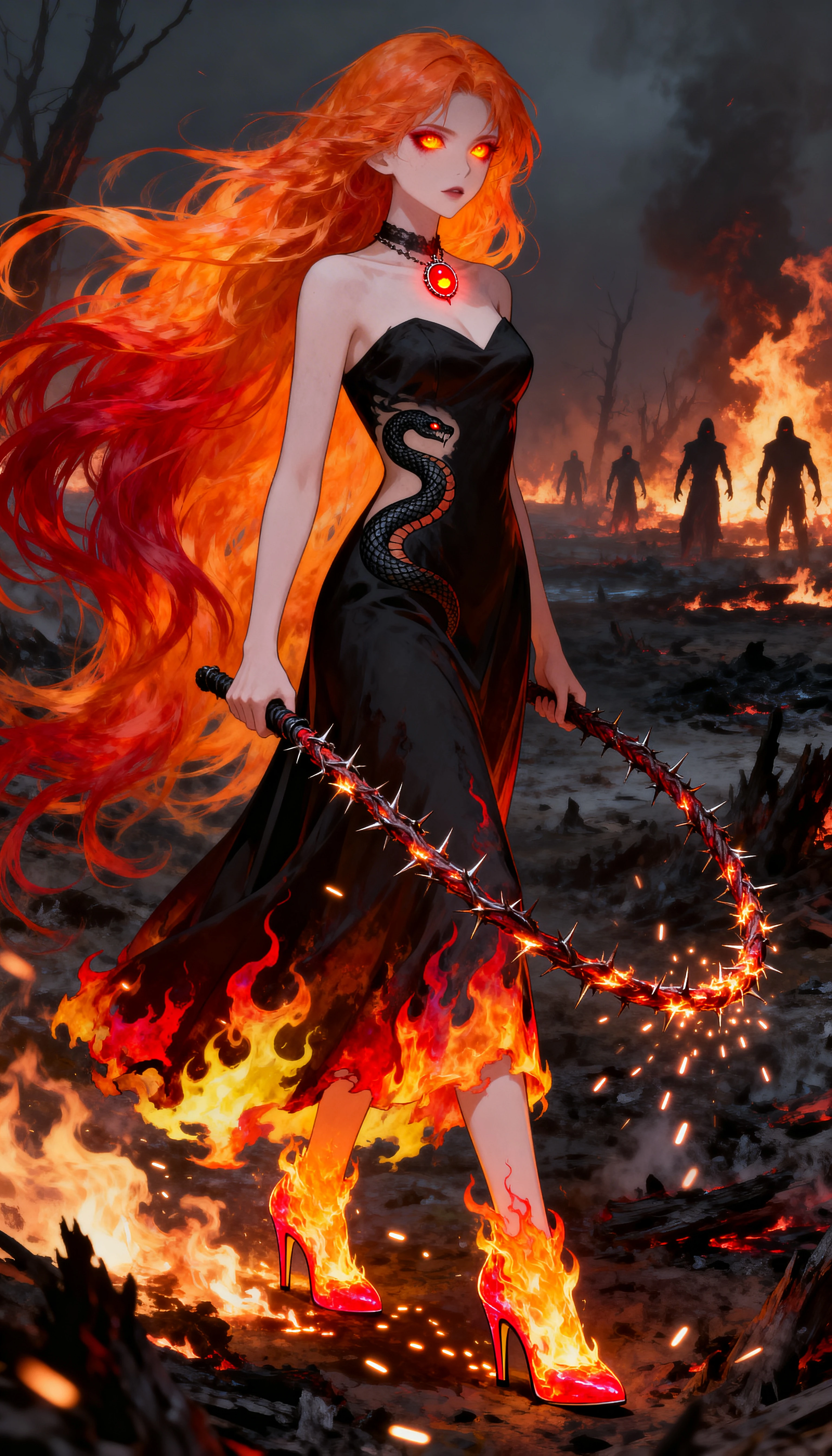 Fiery haired anime reaper woman in a burning wasteland