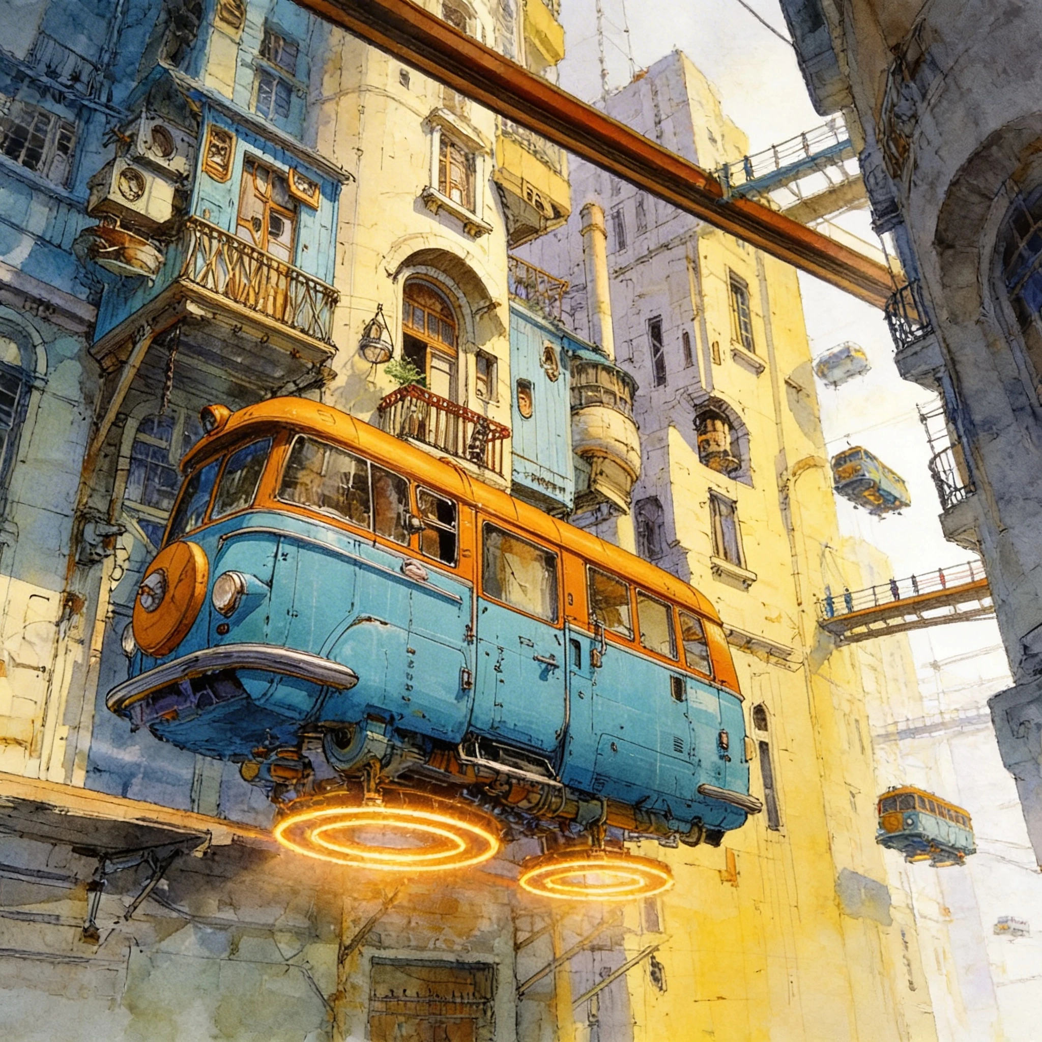 Minibús retrofuturista deslizándose por ciudad sci-fi vertical