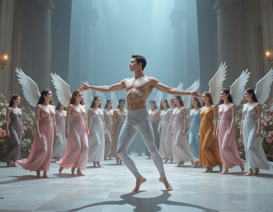 Danse angélique chorégraphiée sur une scène céleste