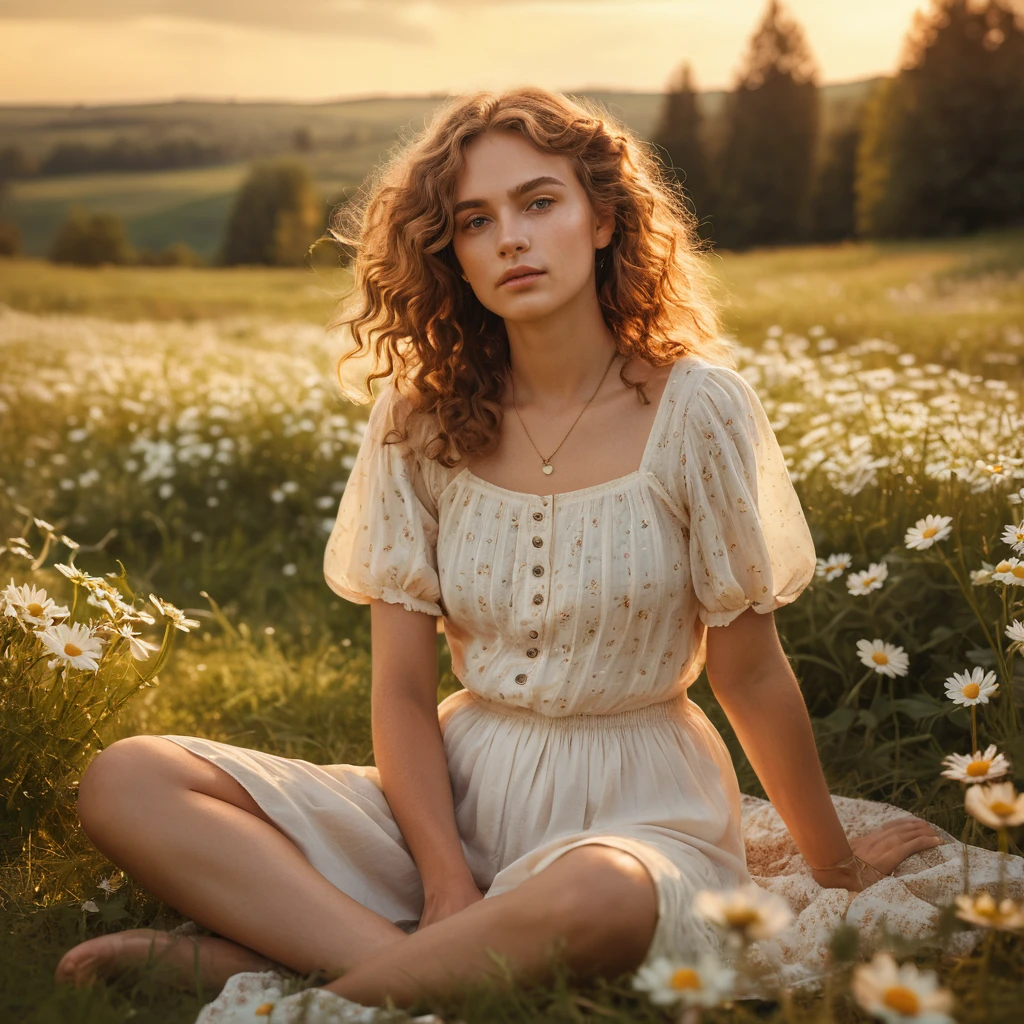 Jeune femme assise parmi les marguerites au coucher de soleil doré