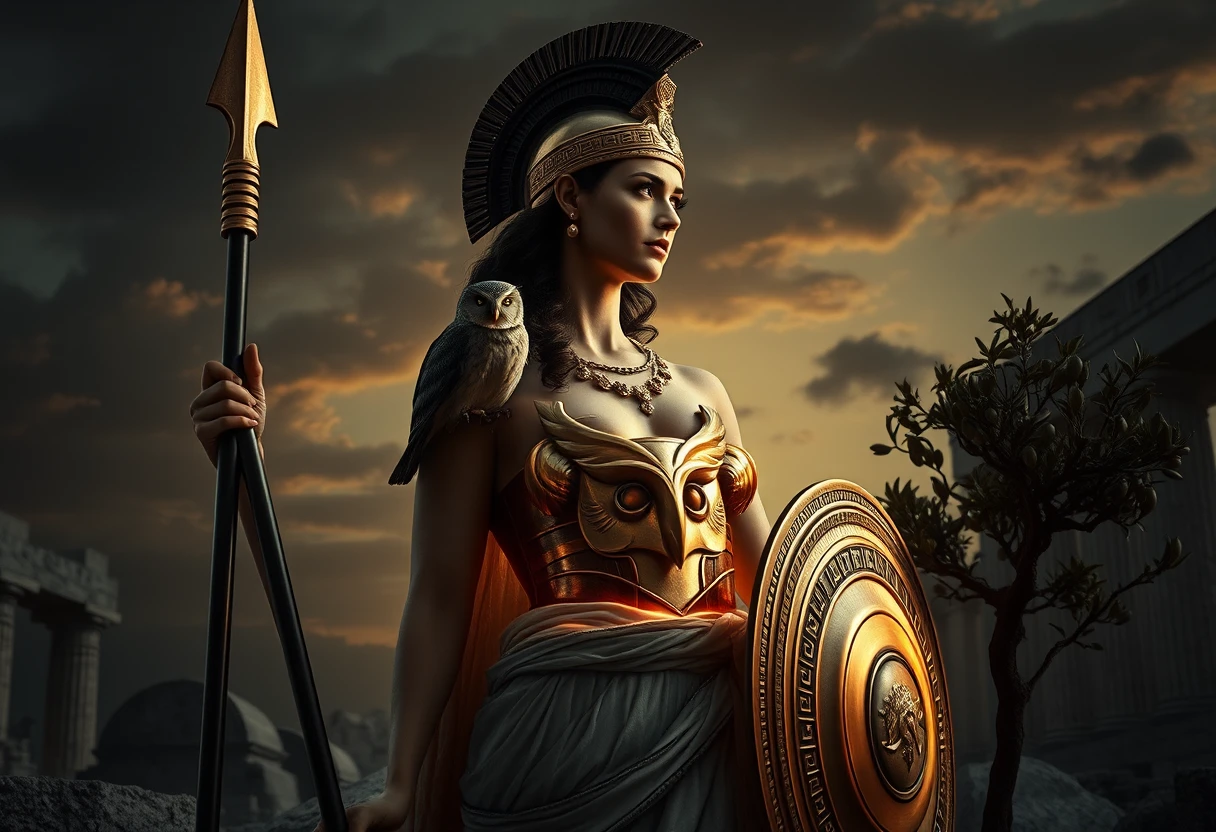 Athena warrior goddess in ruins at twilight sky