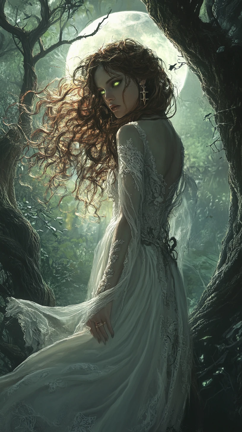 Mystical woman with crucifix in moonlit Transylvanian forest