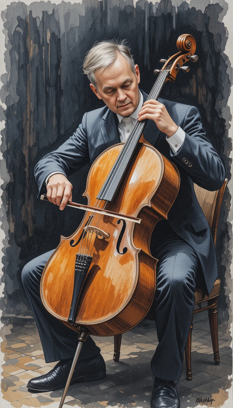 Violoncista de terno escuro tocando violoncelo de madeira no palco