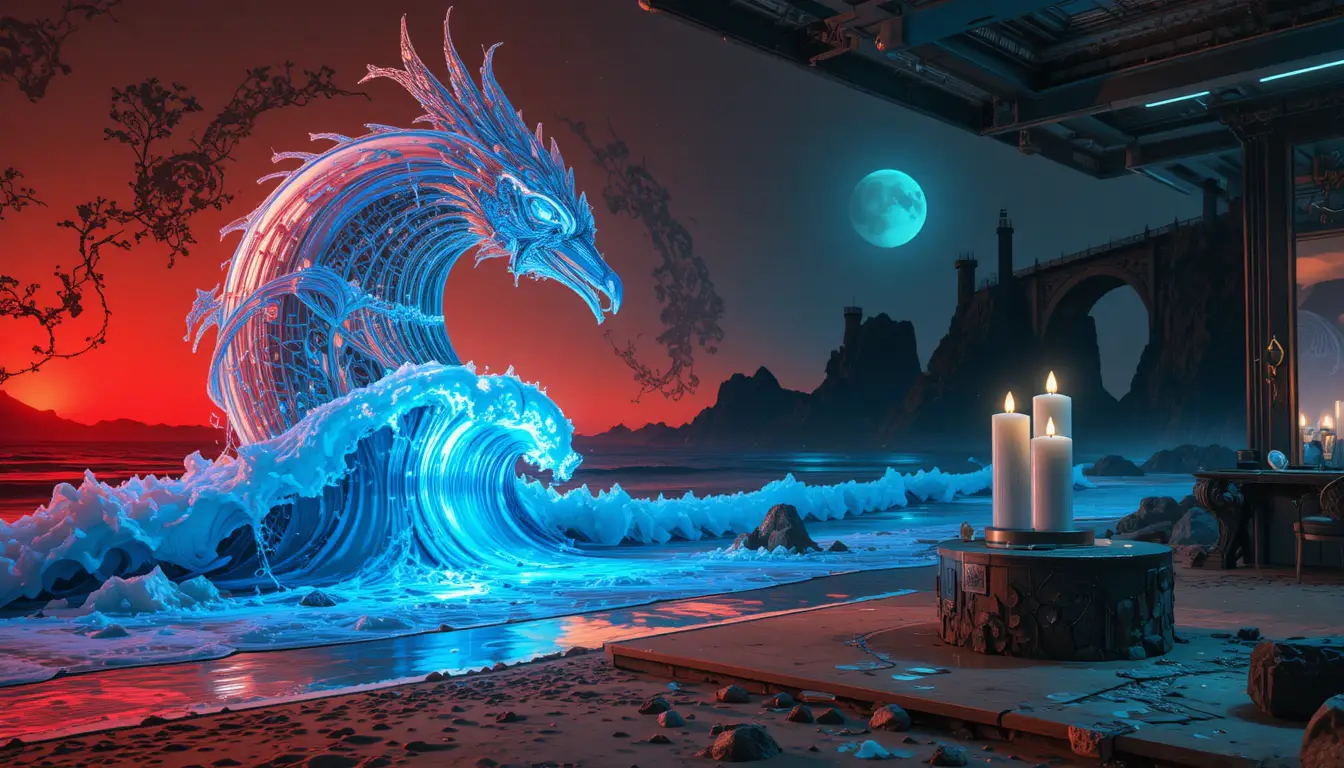 Surreal woman amid fractal gears and phoenix motifs