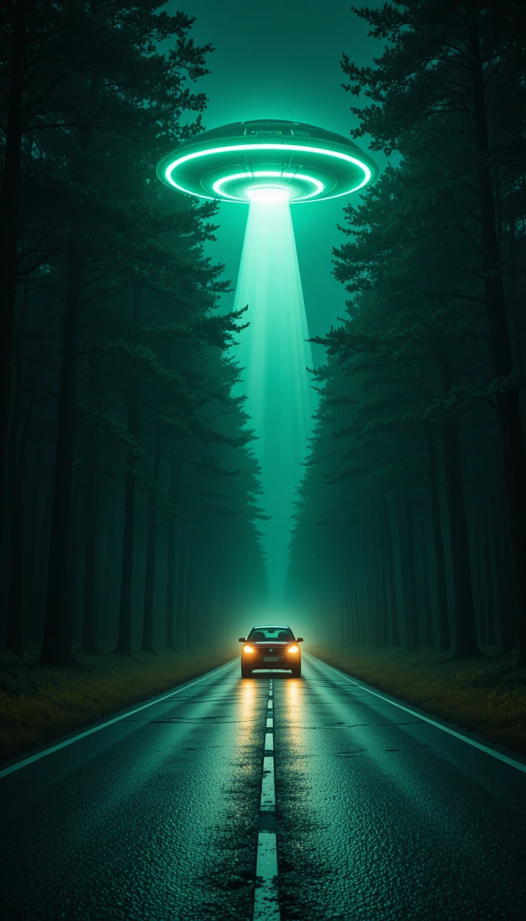 Carro em estrada molhada na floresta sob um OVNI brilhante