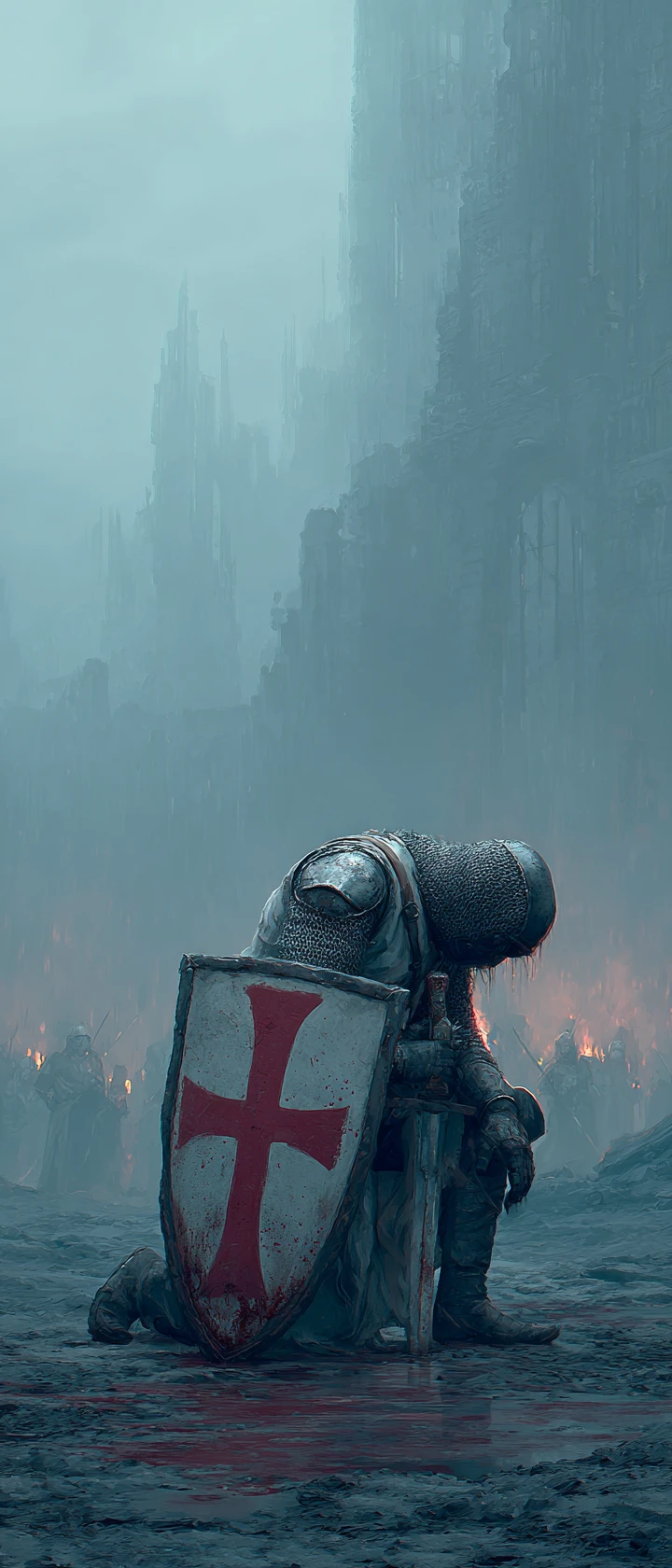 Erschöpfter Ritter, der sich im Nebel auf einen Templerschild stützt