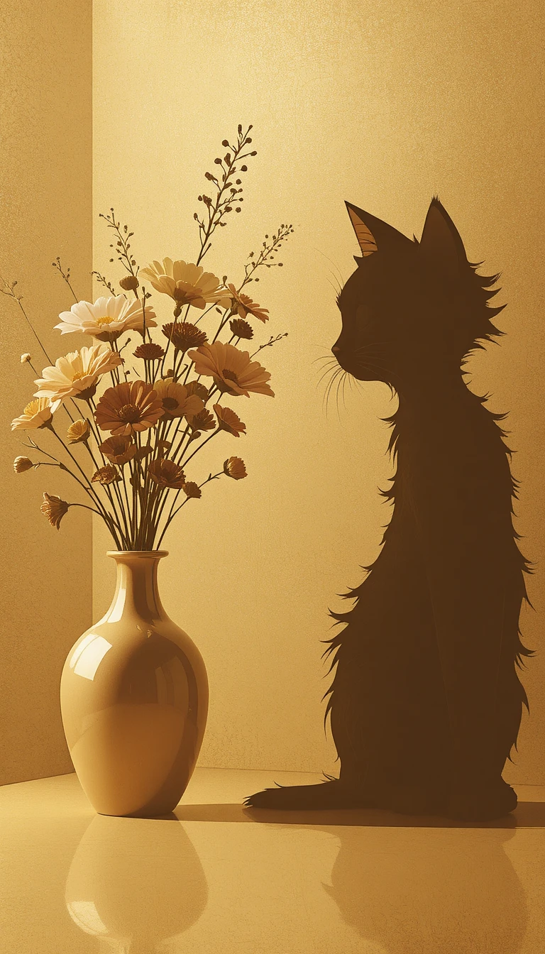 Minimalist golden scene with a long fluffy cartoon cat