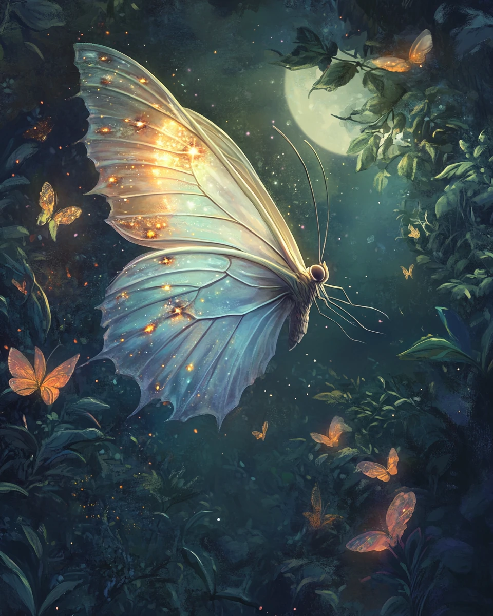 Espírito de mariposa lunar dançando em uma floresta encantada
