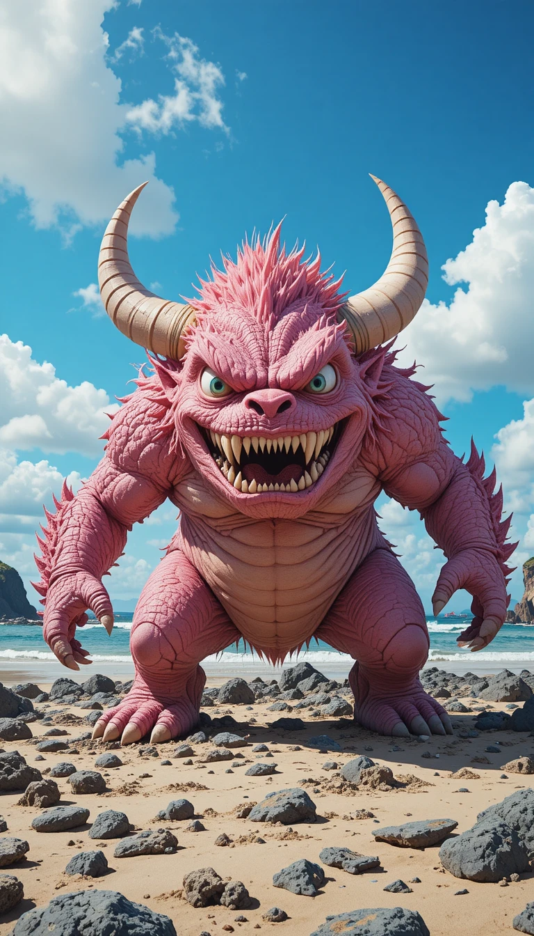 Monstro rosa com chifres sorrindo em uma praia rochosa