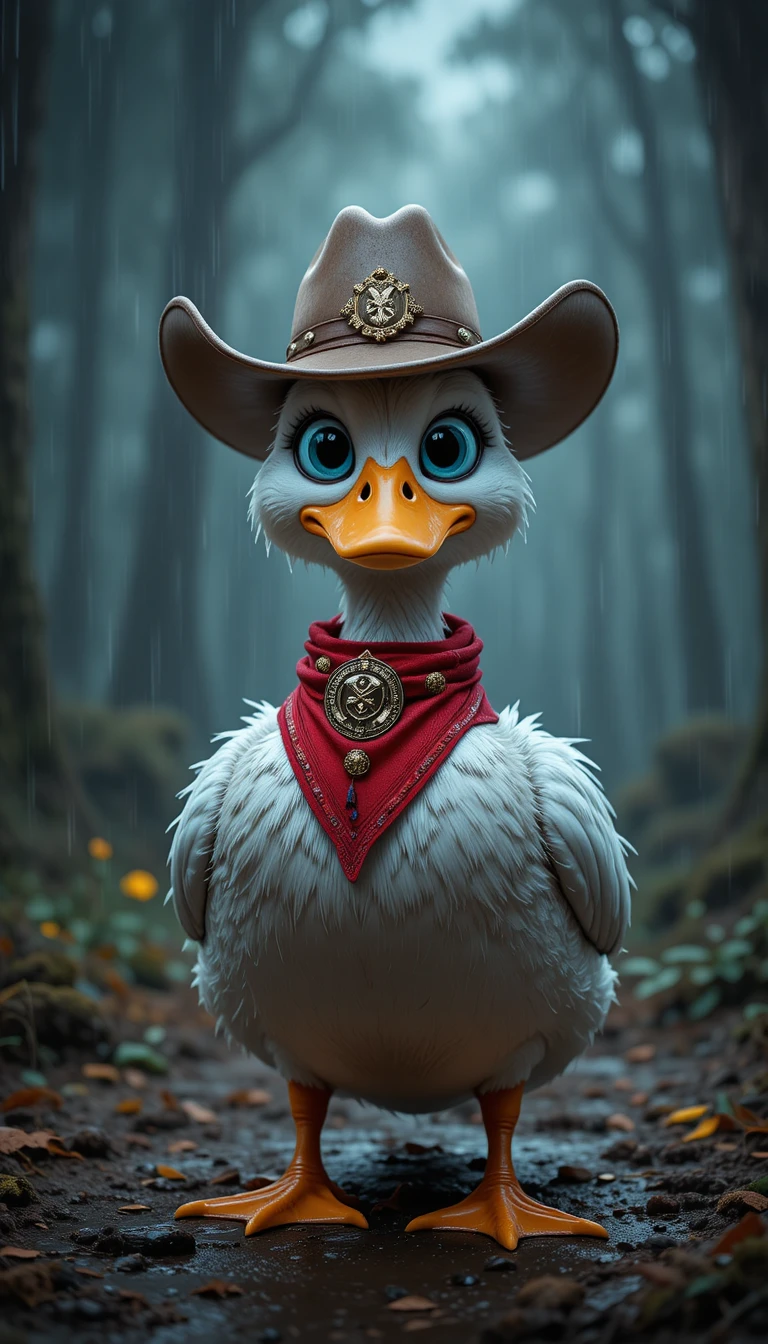 Pato majestoso de chapéu de caubói na chuva em floresta escura