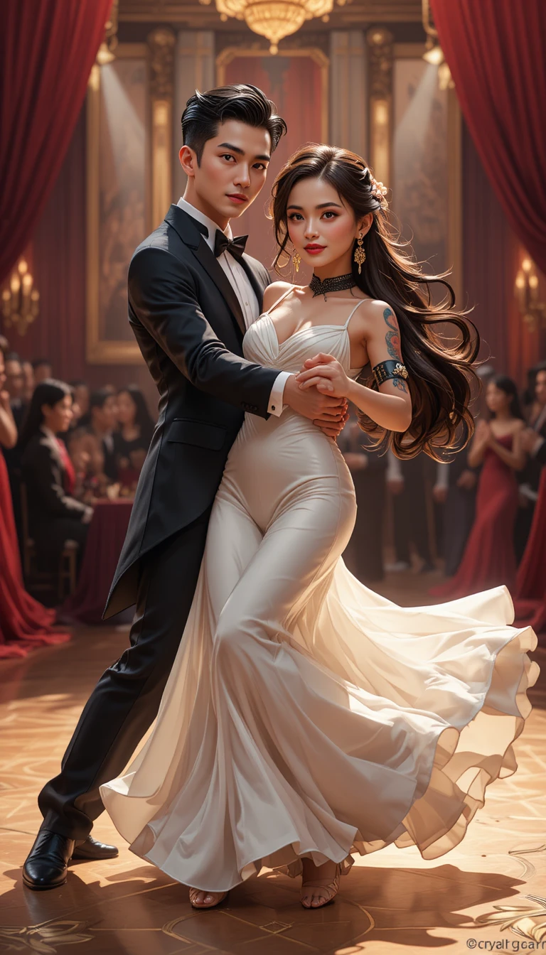Coppia elegante che danza un tango appassionato su un palco di gala
