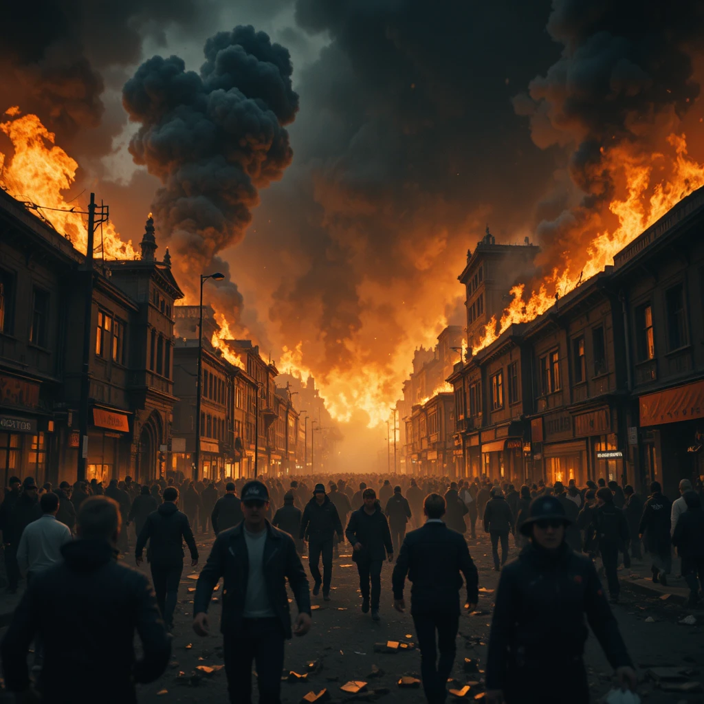 Folla in preda al panico che corre tra le strade in fiamme di notte