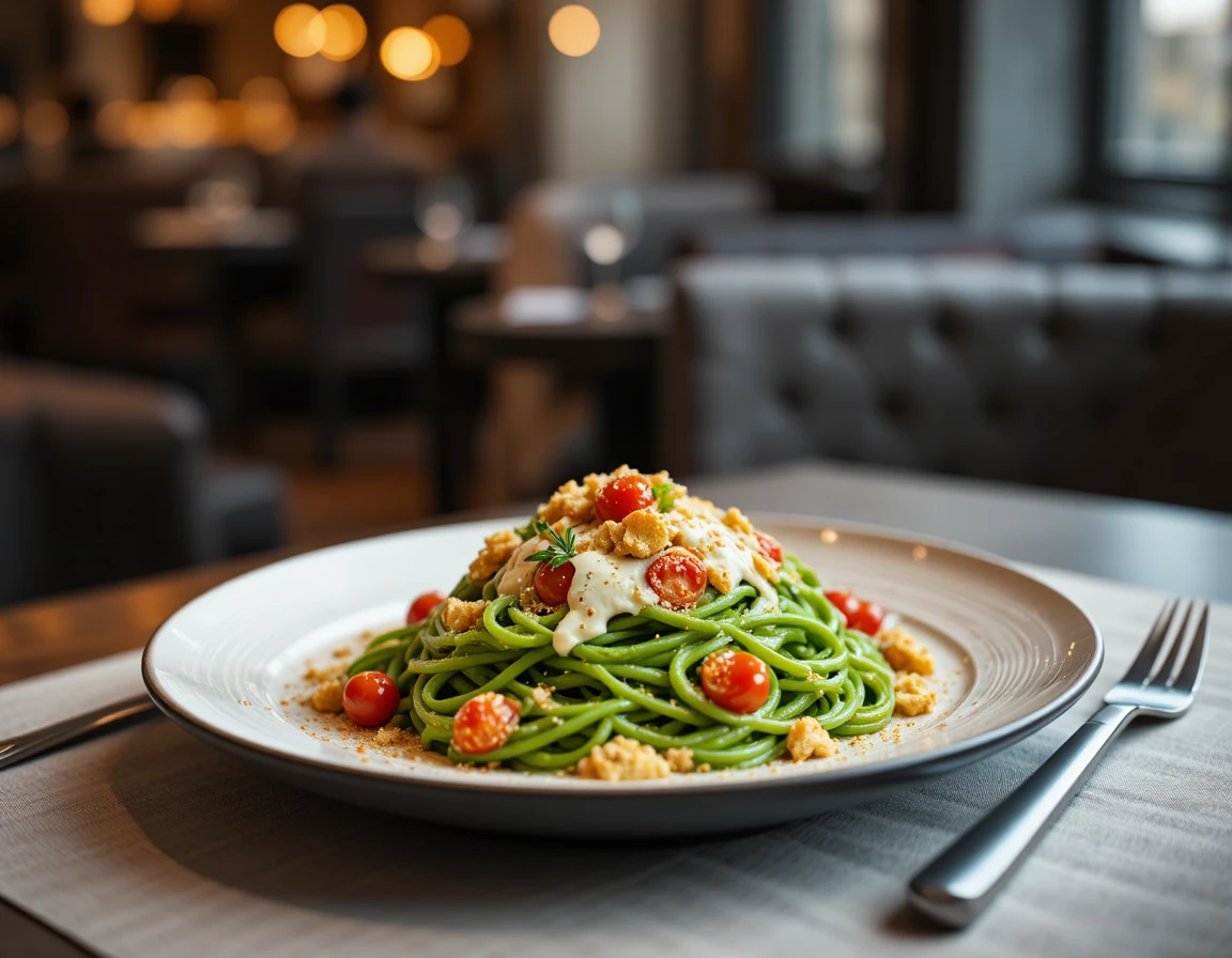 Gourmet green pasta with tomatoes in a chic restaurant