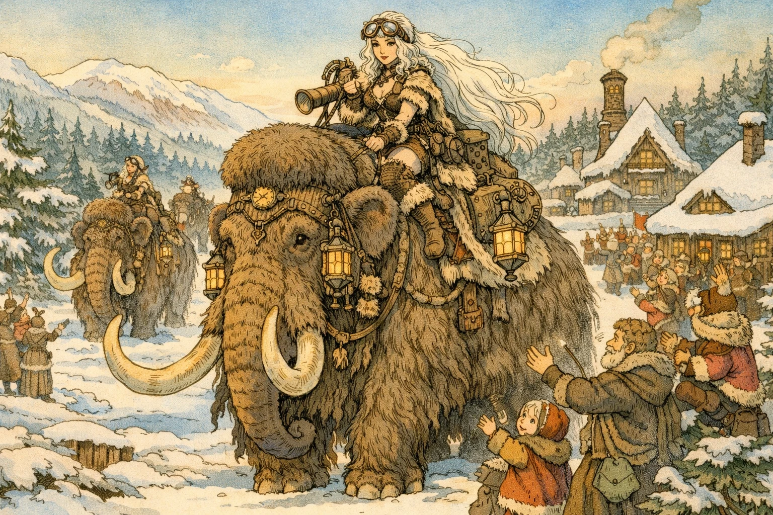 スチームパンクの野蛮な少女が毛むくじゃらのマンモスに乗って北へ進む