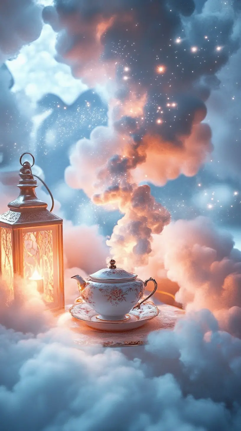 Porcelain tea set floating on soft clouds in the sky