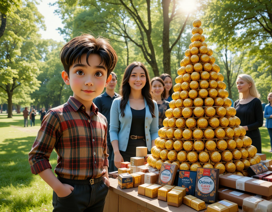 Junger Junge neben goldener Schokoladenpyramide im sonnigen Park