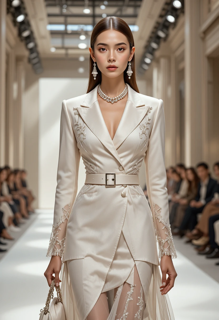 Couture runway woman in ivory blazer dress illustration