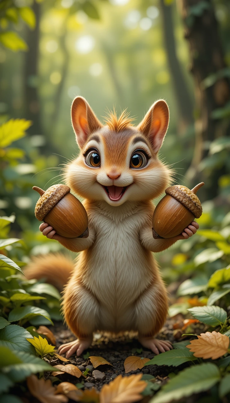 Joyful chipmunk holding giant acorns in green summer forest