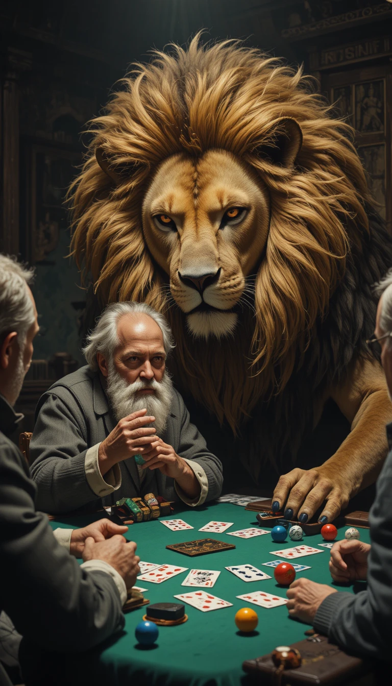 Vieil homme jouant aux cartes contre un lion concentré