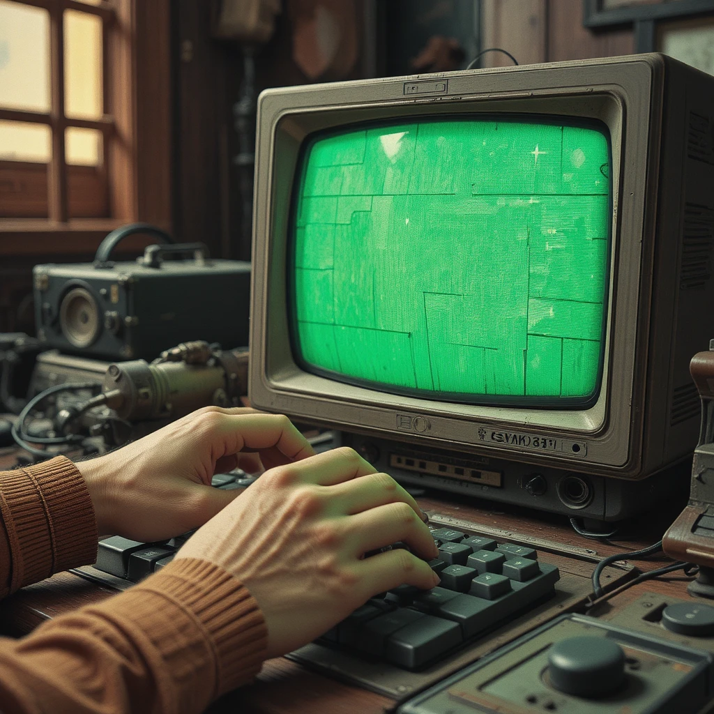 Nahaufnahme einer Cartoon-Hand, die auf einer alten Computertastatur tippt