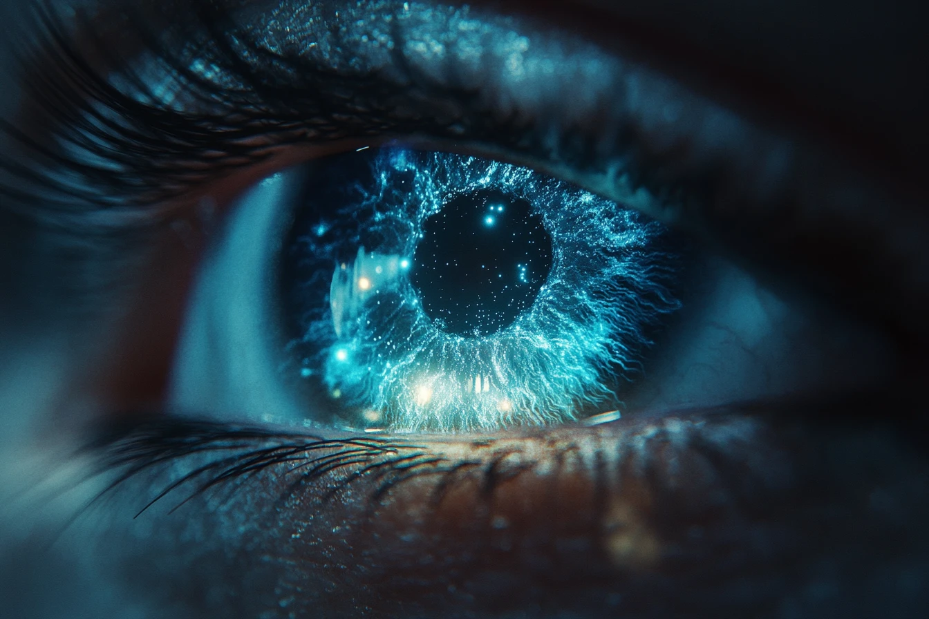 Surreal human eye opening into a glowing fantasy portal