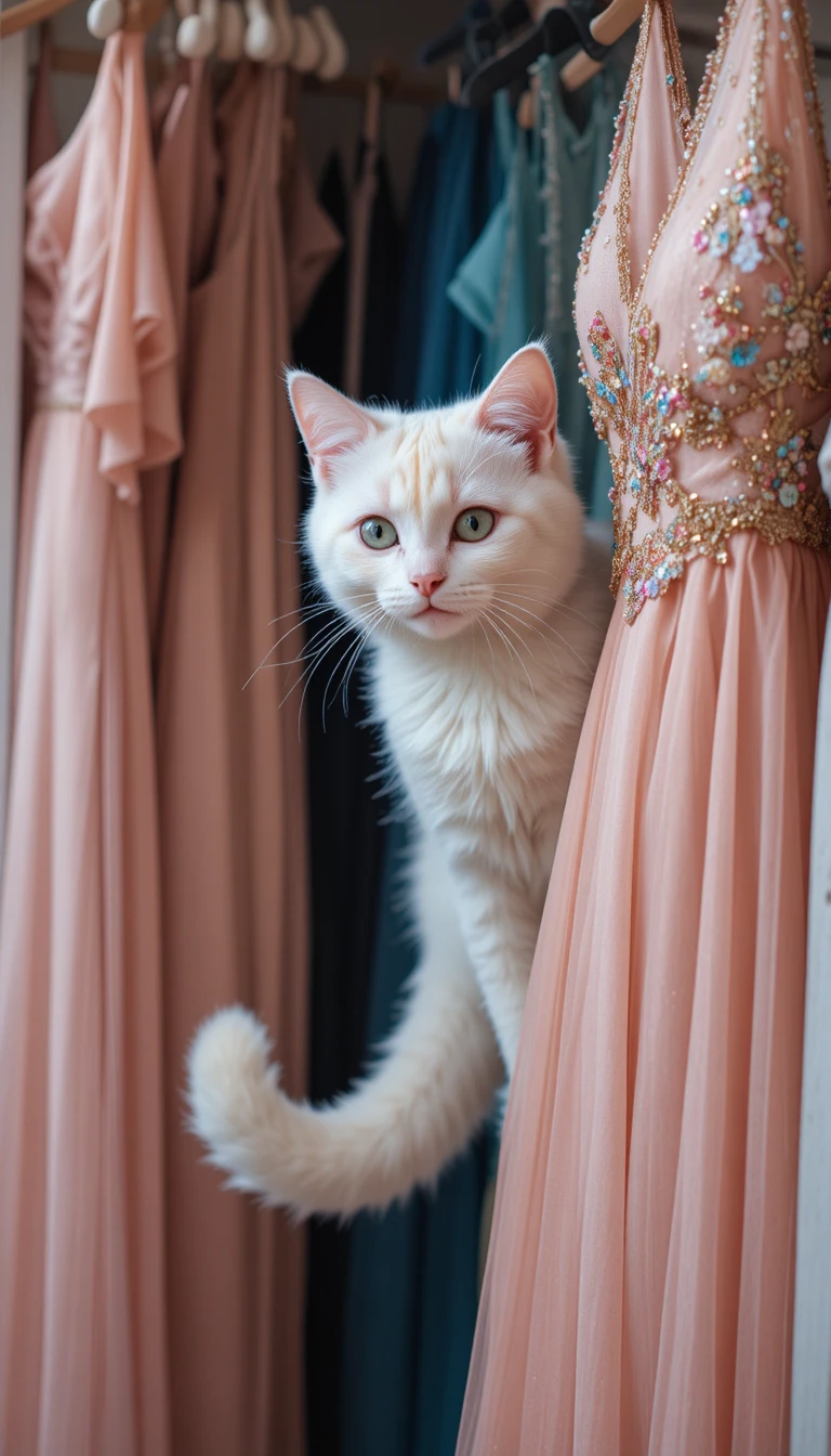 Pastellfarbene flauschige Katze lugt aus einem Kleiderschrank voller Abendkleider