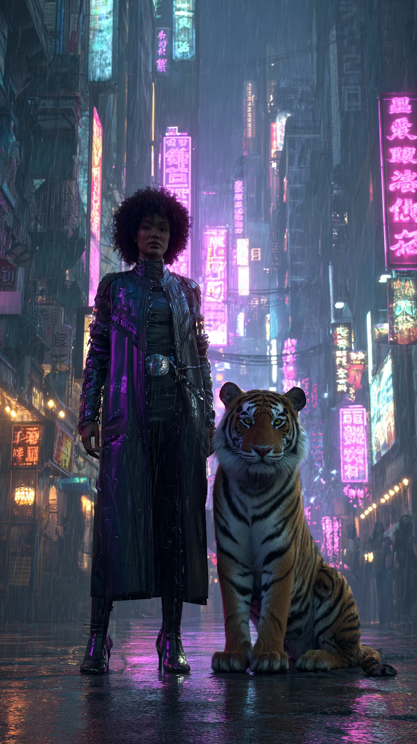 Mulher negra e tigre sob luzes de néon em Tóquio