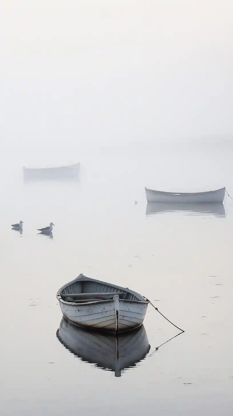 Small fishing boats drifting quietly on foggy morning water