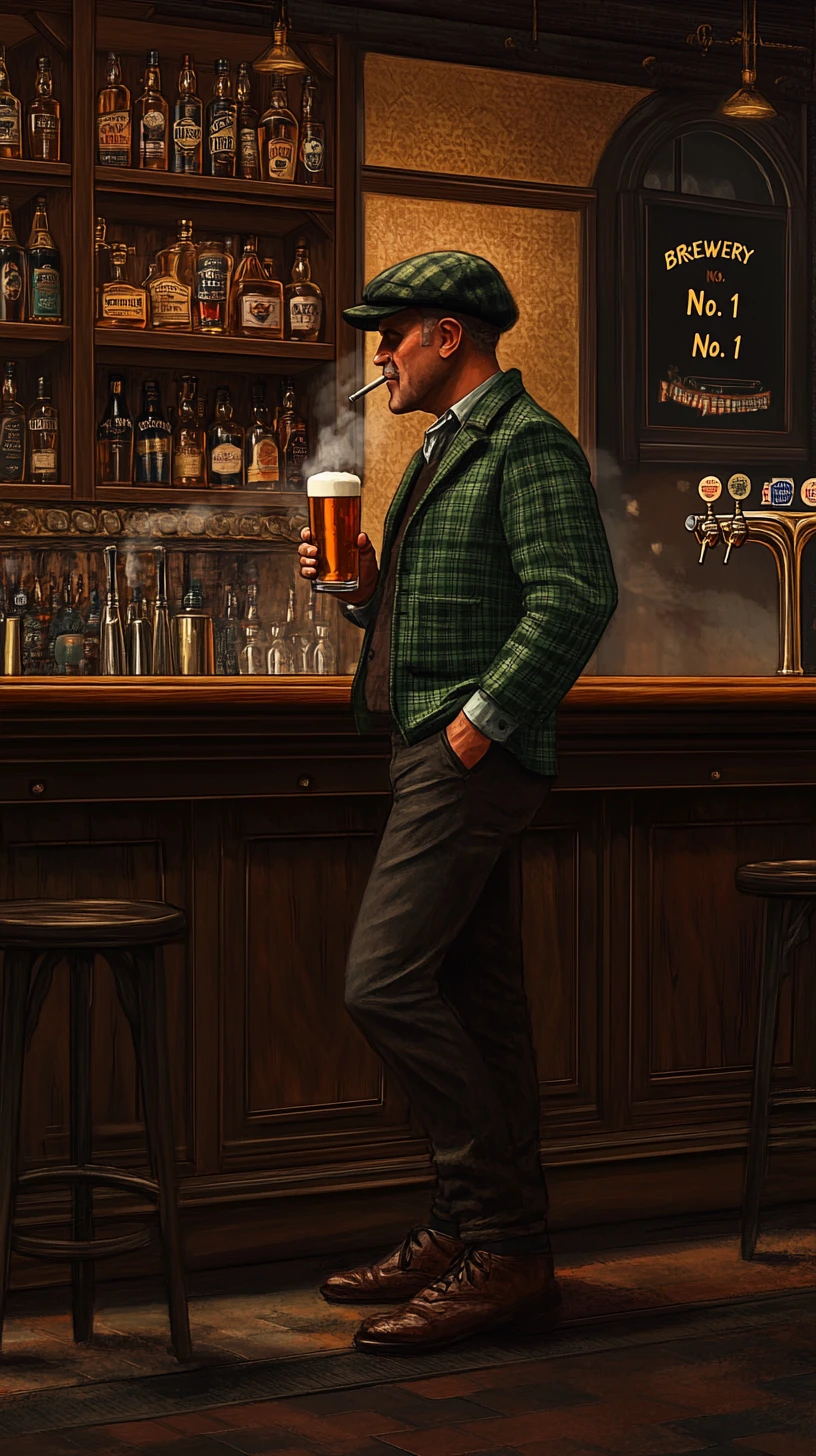 Homem com cerveja em bar de madeira em pub vintage