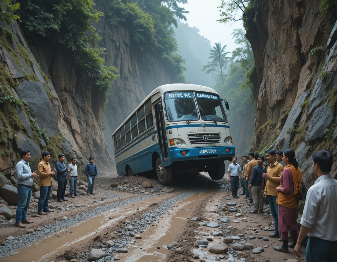 Ônibus atolado em estrada de montanha lamacenta com pessoas ao redor