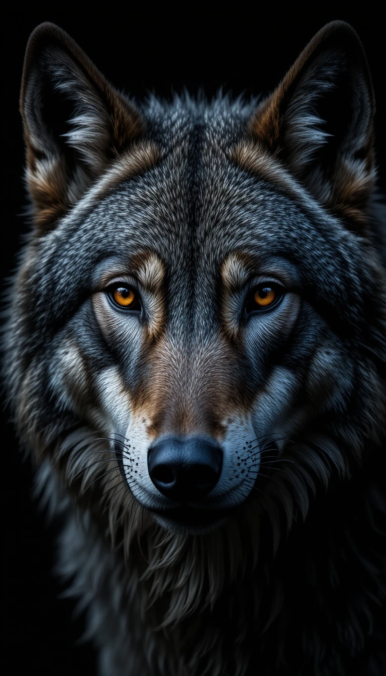 Retrato em close de um lobo cinzento com intensos olhos cor de âmbar
