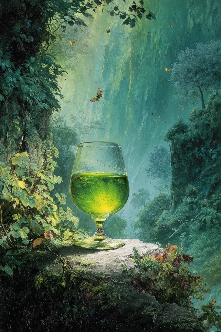 Bevanda verde all’eucalipto in una foresta fantasy oscura