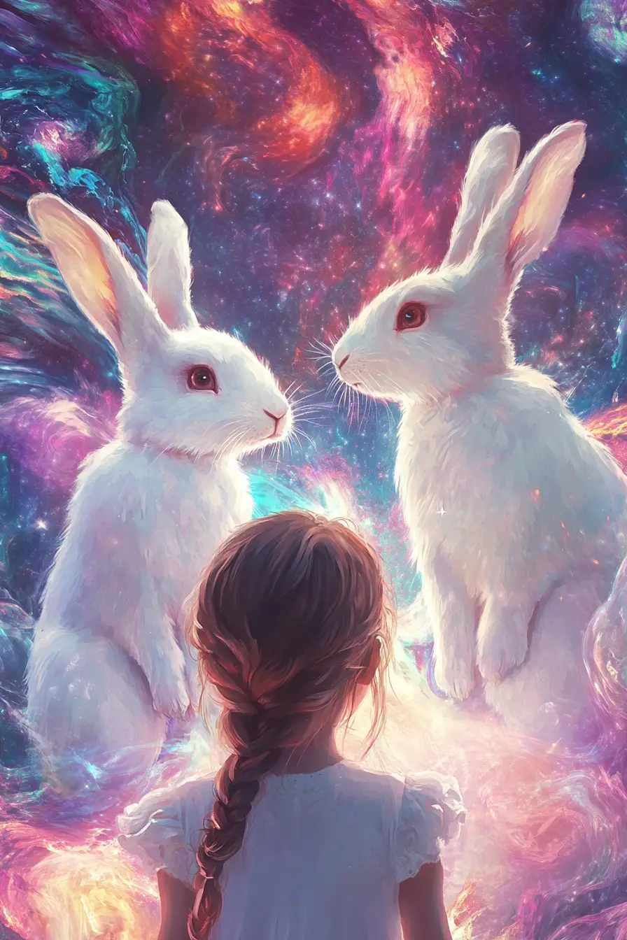 Jeune fille avec des lapins blancs géants dans une scène cosmique