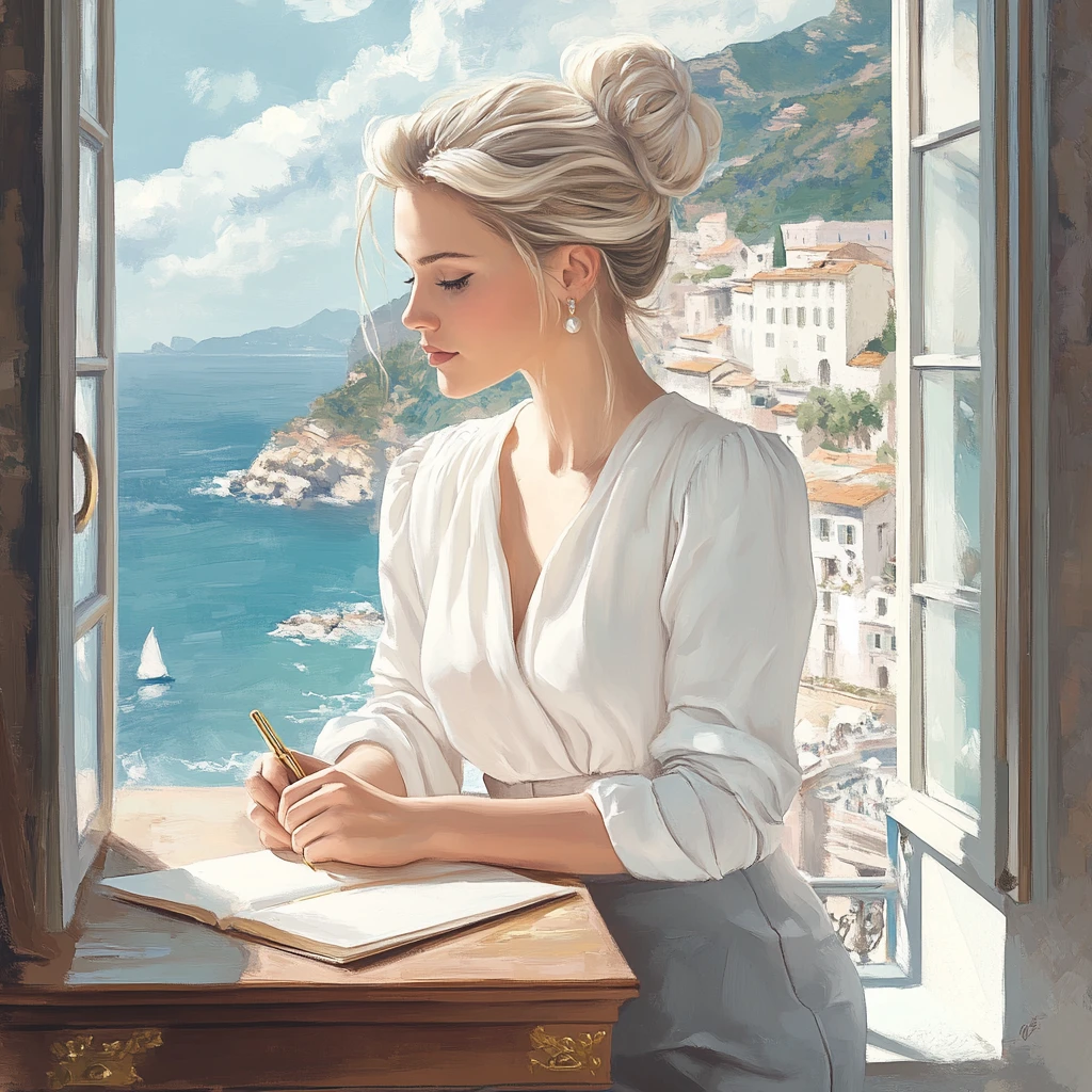 Ilustración romántica de una mujer escribiendo junto a una ventana costera
