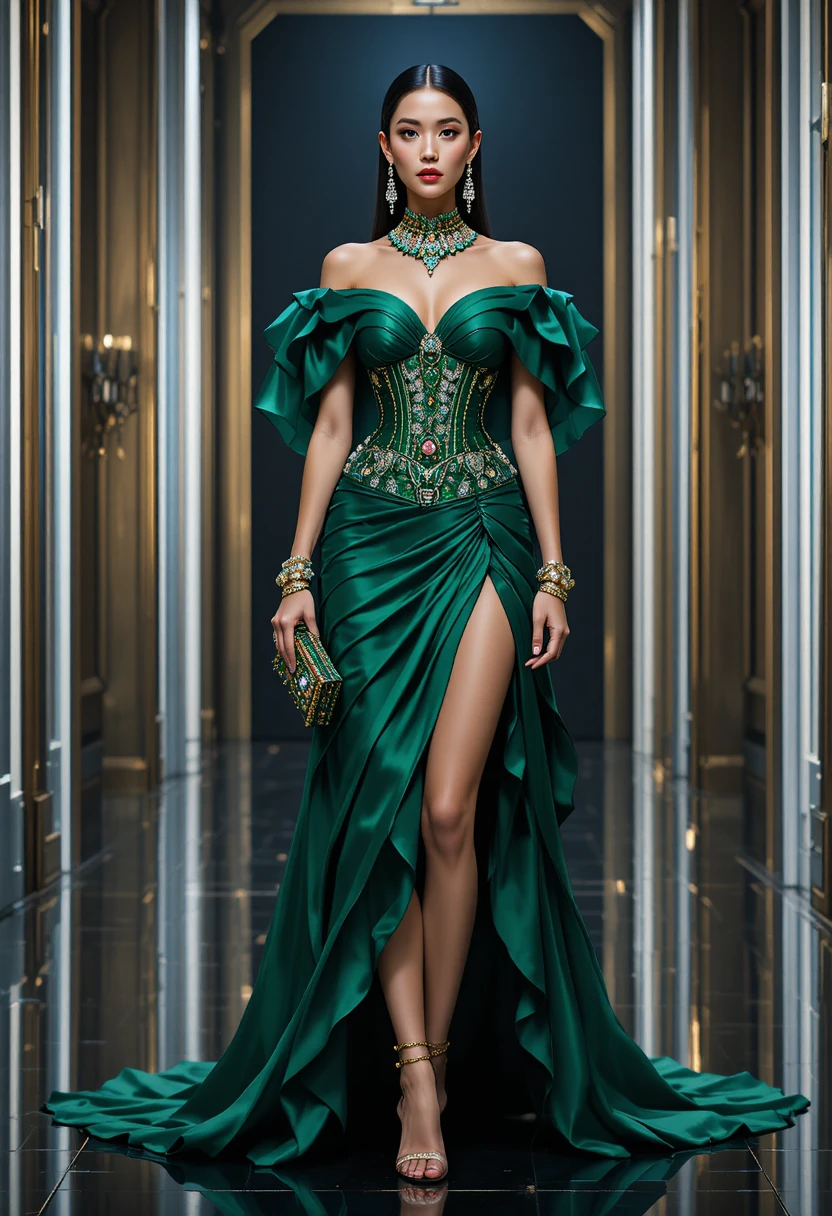 Emerald couture fashion illustration of elegant female model
