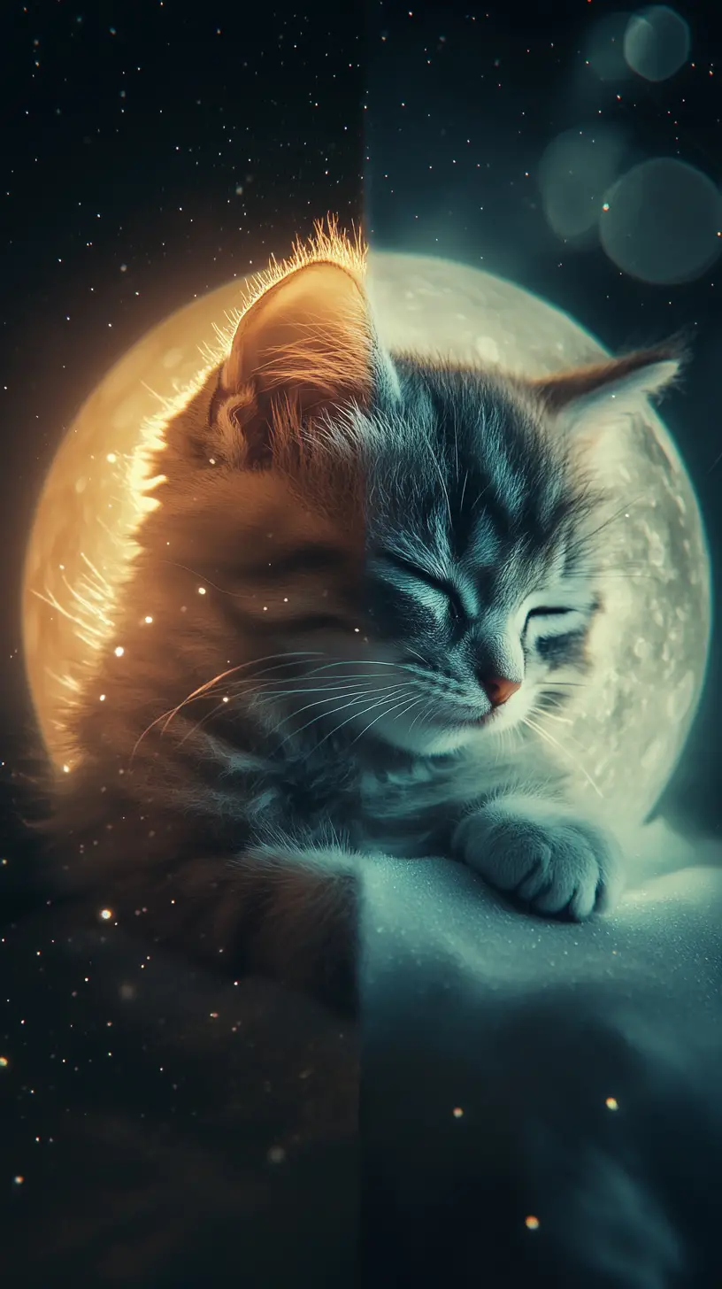 發光奇幻小貓與昏昏欲睡的超現實月亮