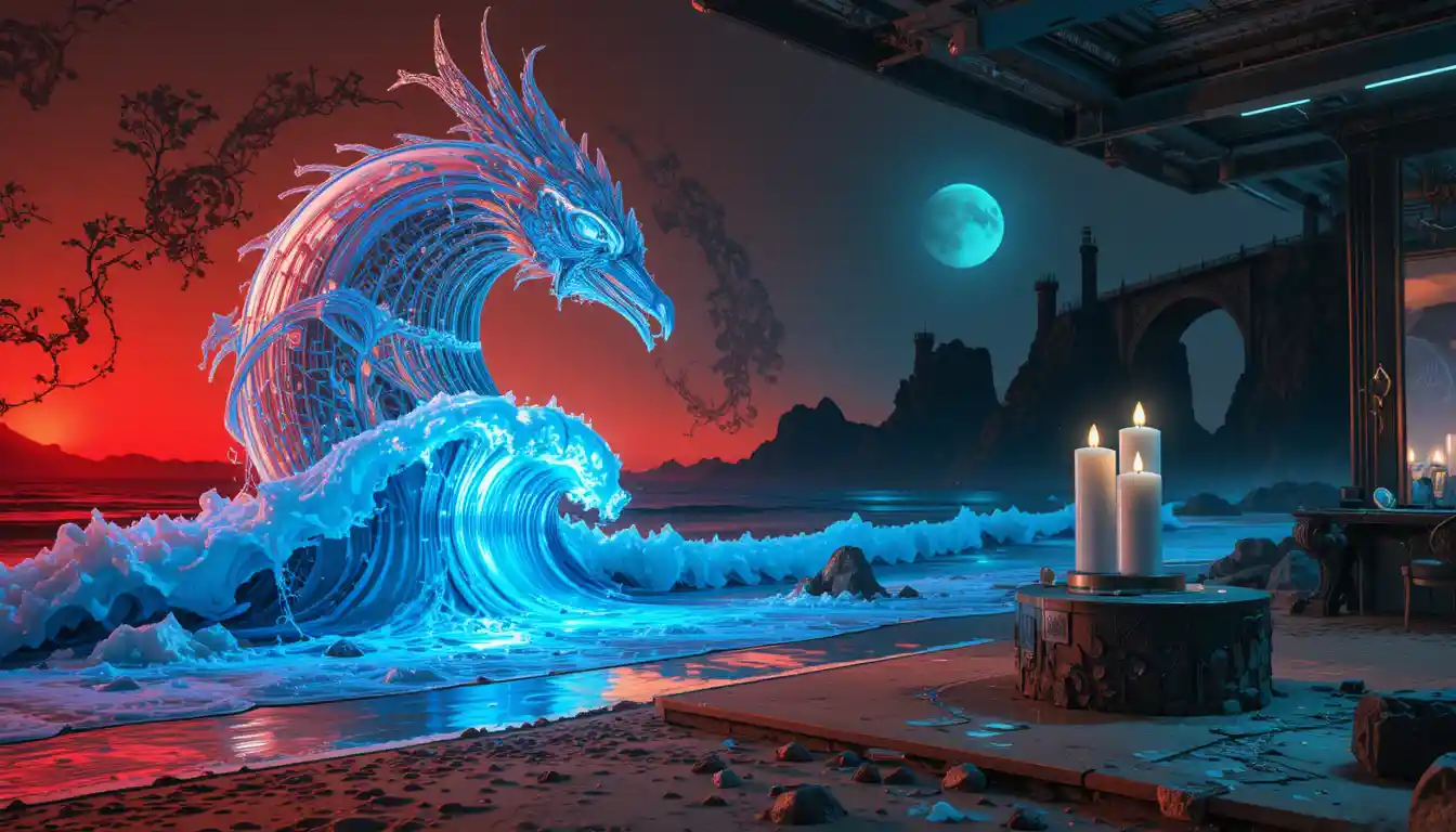 Surreal woman amid fractal gears and phoenix motifs
